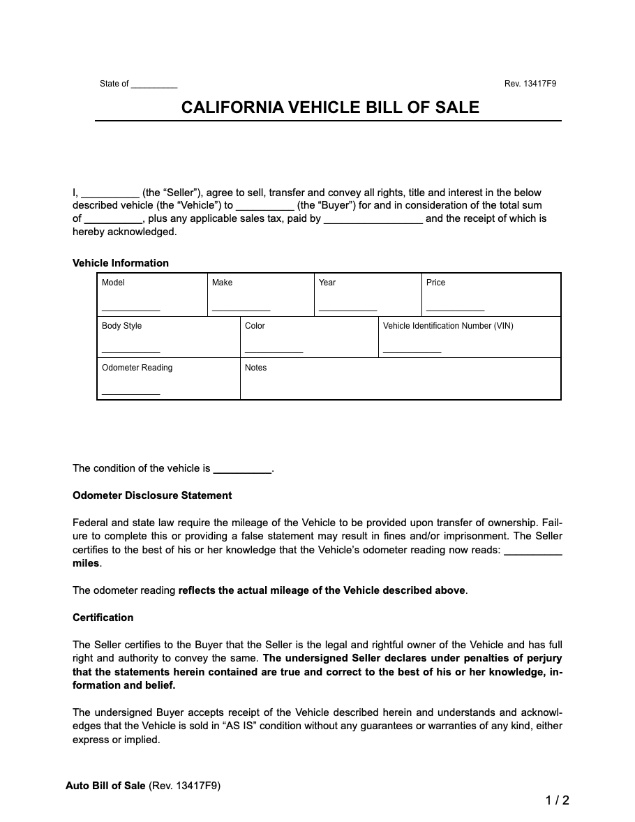 Ca Dmv Bill Of Sale Printable Form