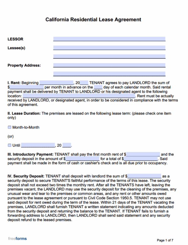 Free Printable California Lease Agreement