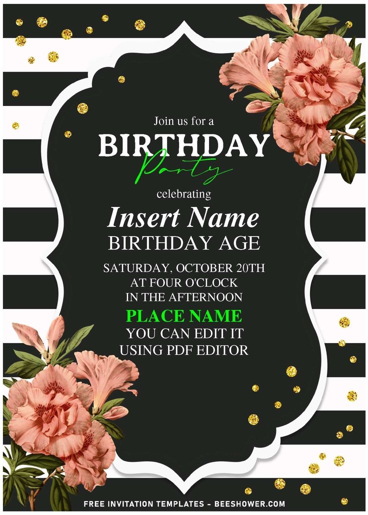  Free Editable PDF Classic Black And White Stripe Floral Birthday 