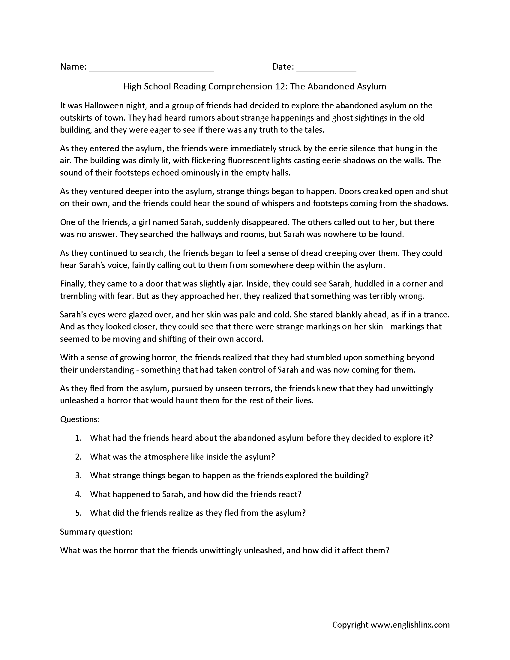 Free High School Reading Comprehension Printables Worksheets 