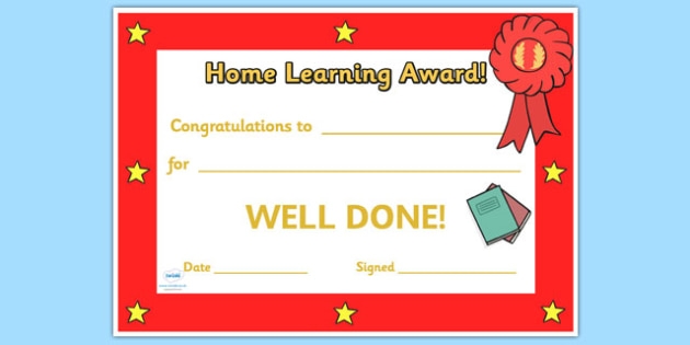 FREE Home Learning Award Certificate teacher Made