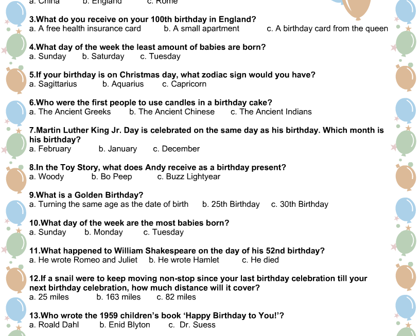 Free Printable Birthday Trivia Games Printable Templates