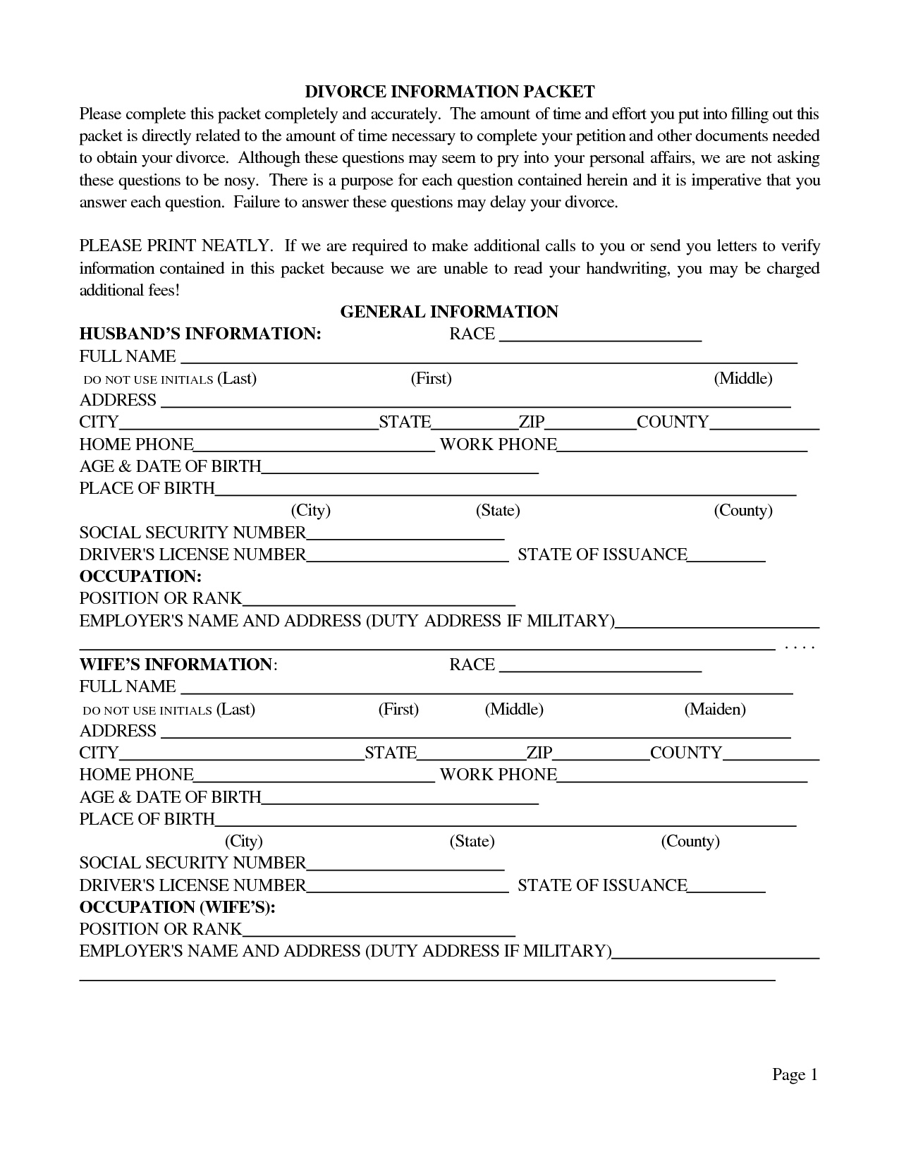 Free Printable Divorce Papers Form GENERIC 