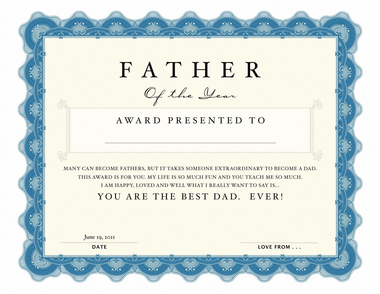 Printable Fathers Day Certificate For Preschoolers