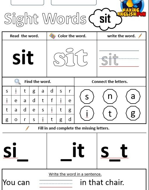 FREE Printable Grade 2 Sight Word Worksheet Sit Making English Fun