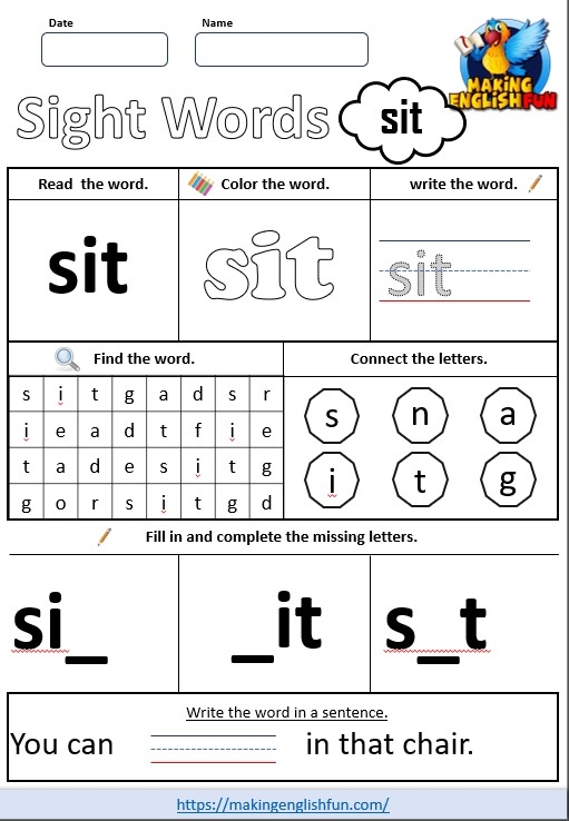 FREE Printable Grade 2 Sight Word Worksheet Sit Making English Fun