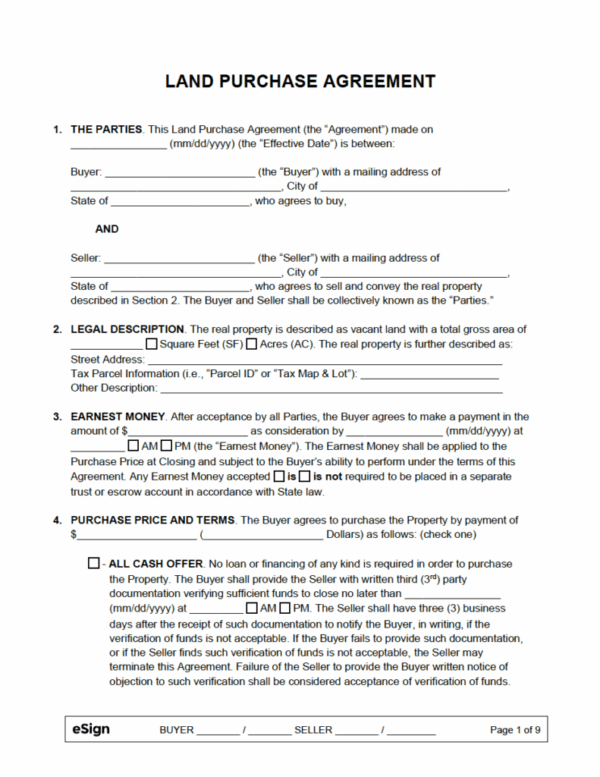 Free Printable Purchase Agreement For Land