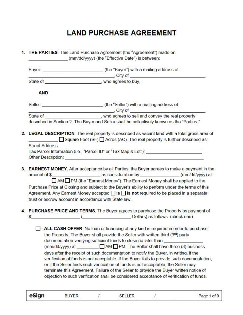 Free Printable Land Purchase Agreement