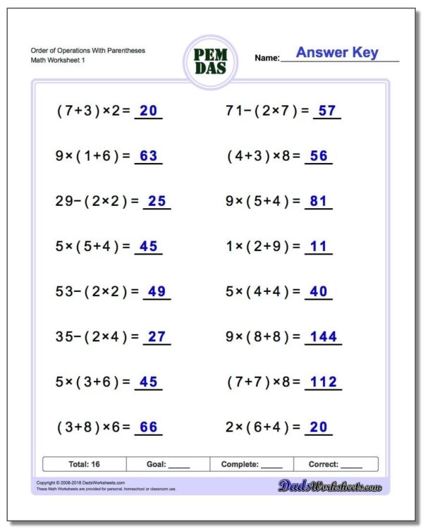 Order Of Operations Perenthasis Printable Worksheets