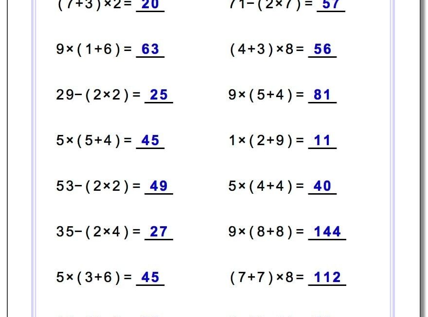 Free Printable Order Of Operations Worksheets
