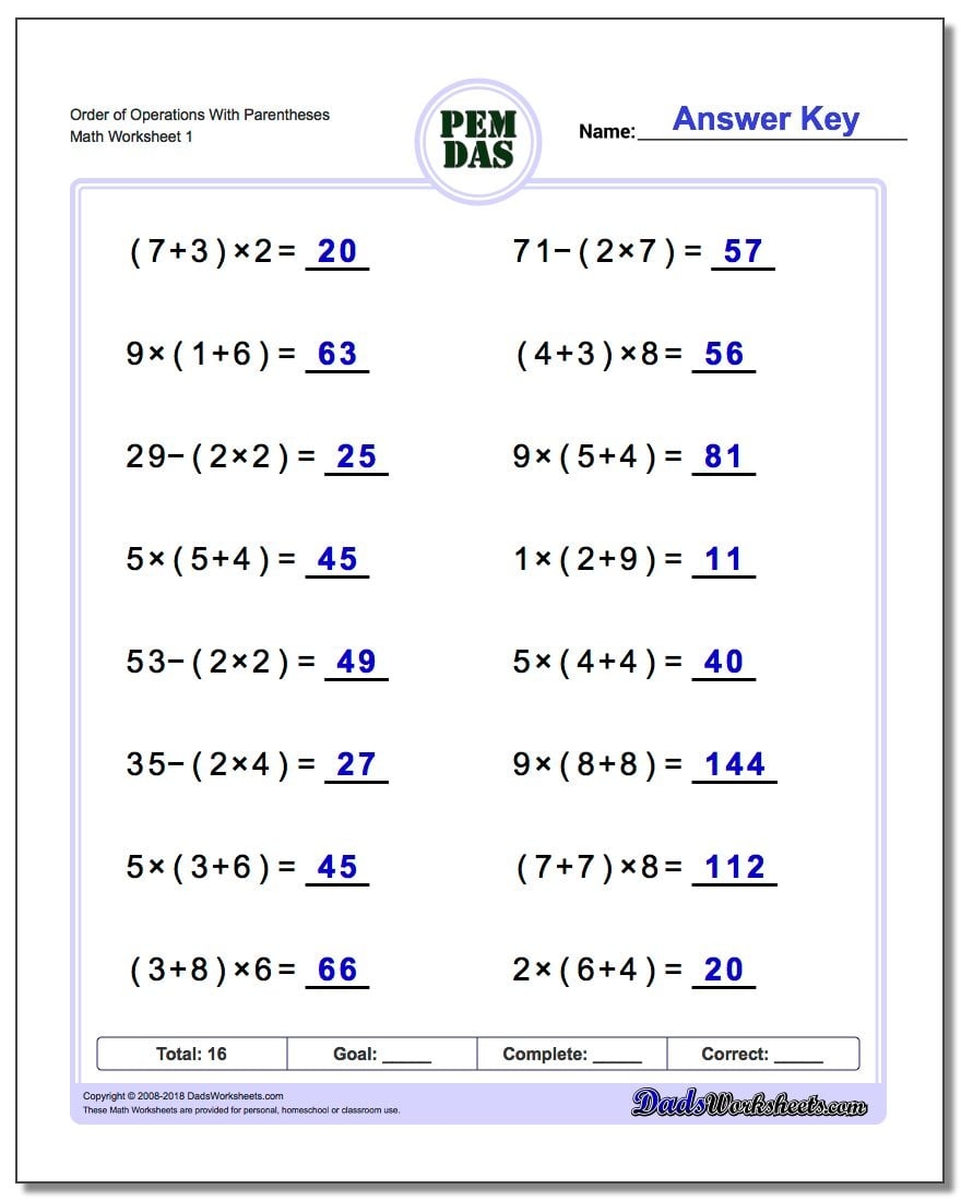 Free Printable Order Of Operations Worksheets