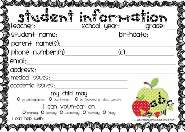 Free Printable Student Information Card Forms