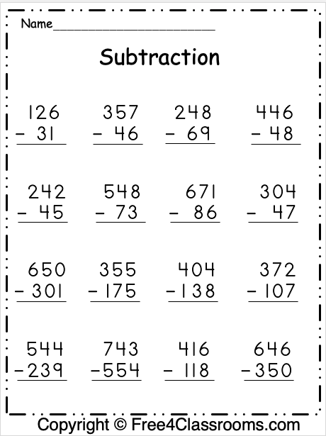 Free Subtraction Worksheet Regrouping Free Worksheets Free4Classrooms