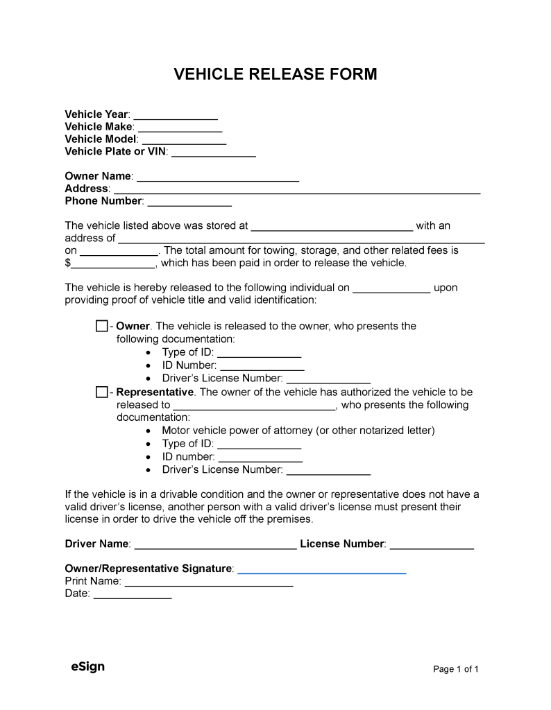Printable Vehicle Release Form Template