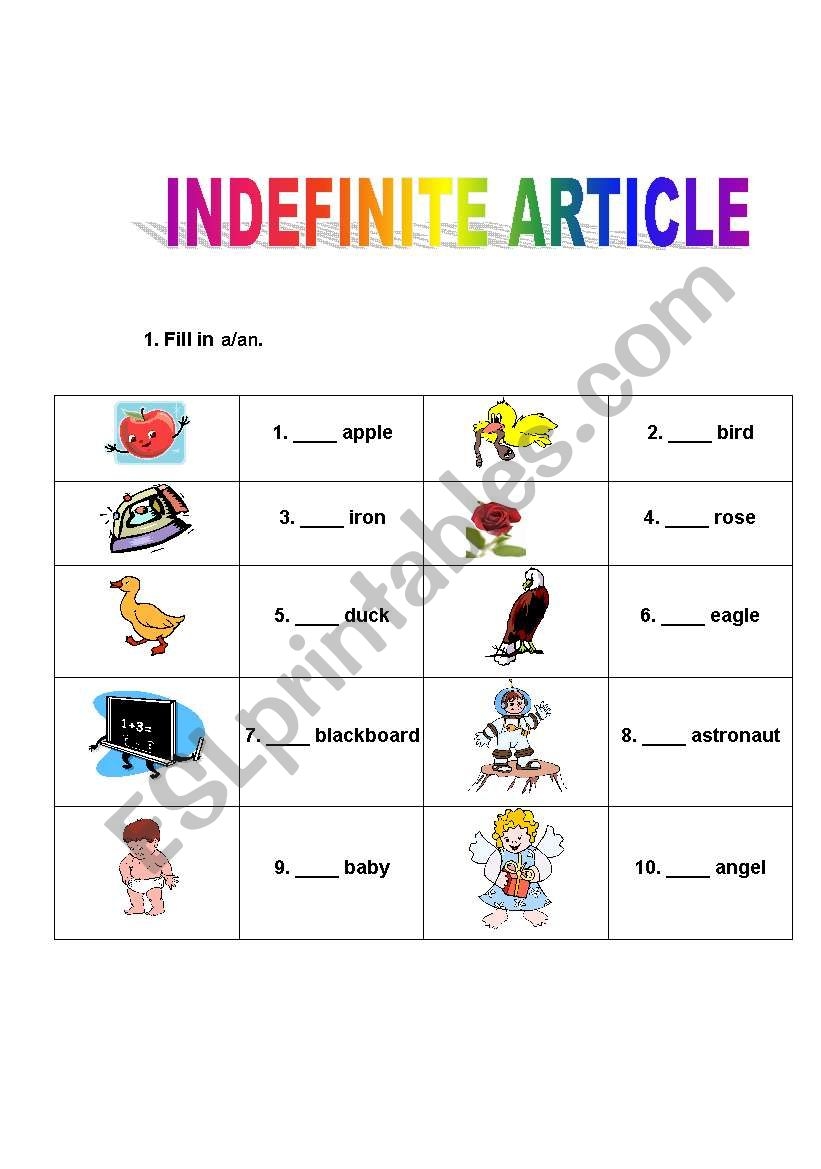 Indefinite Article ESL Worksheet By Evelinamaria