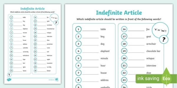 Indefinite Article Worksheets Printables