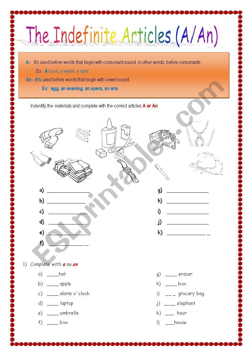 Indefinite Article Worksheets Printables