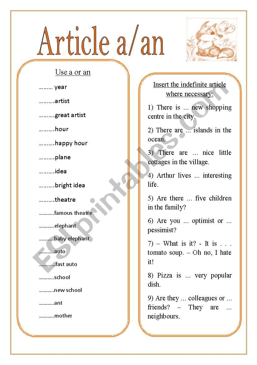 INDEFINITE ARTICLES ESL Worksheet By Rolando Valencia