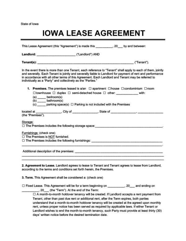Free Printable Blank Iowa Lease Agreement