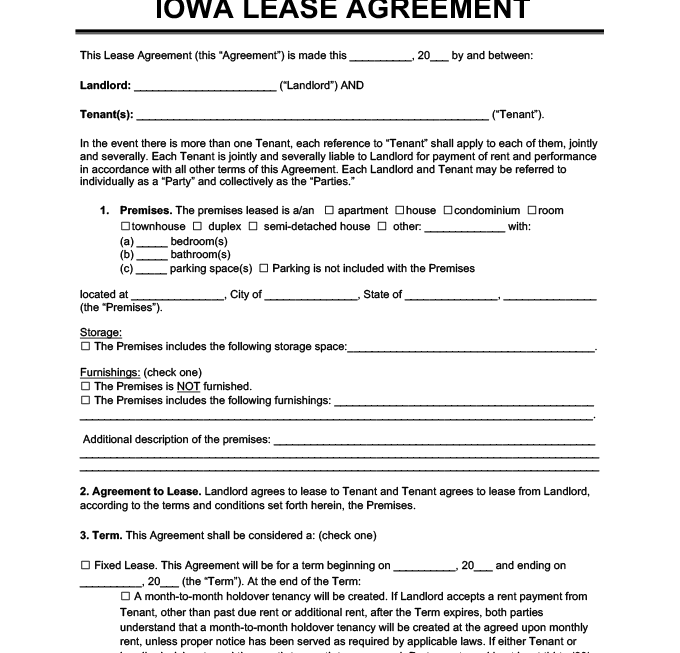 Iowa Residential Lease Rental Agreement Forms Template Free PDF