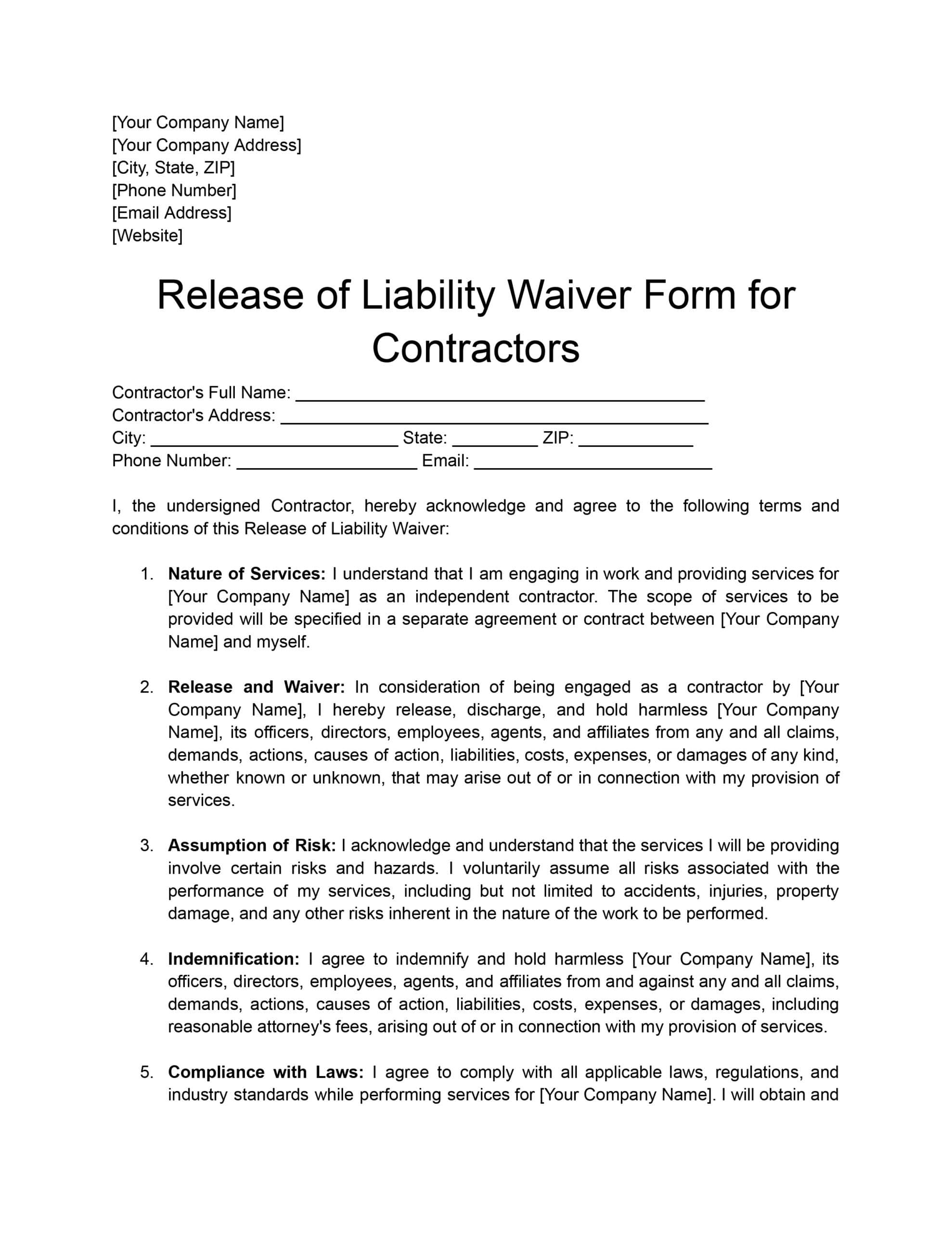 Free Printable Waiver Of Injury Liability Form