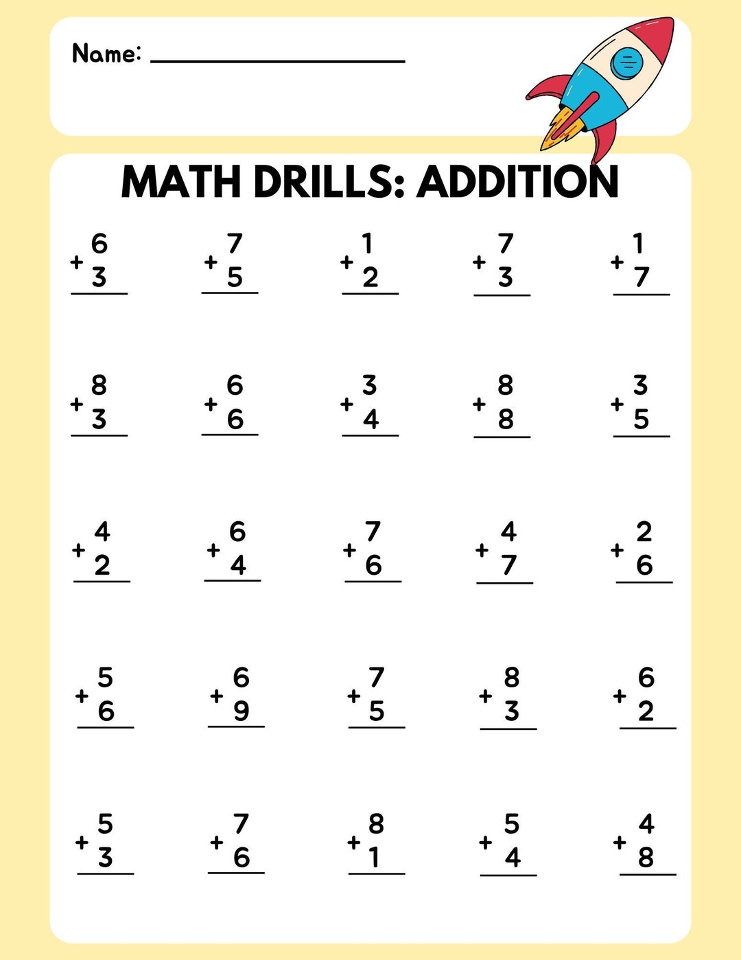Math Drill Addition Worksheet 3 Etsy Math Drill Addition Worksheet 3 Etsy
