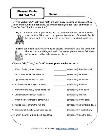 Misused Verbs Sit Sat Set Verb Worksheets