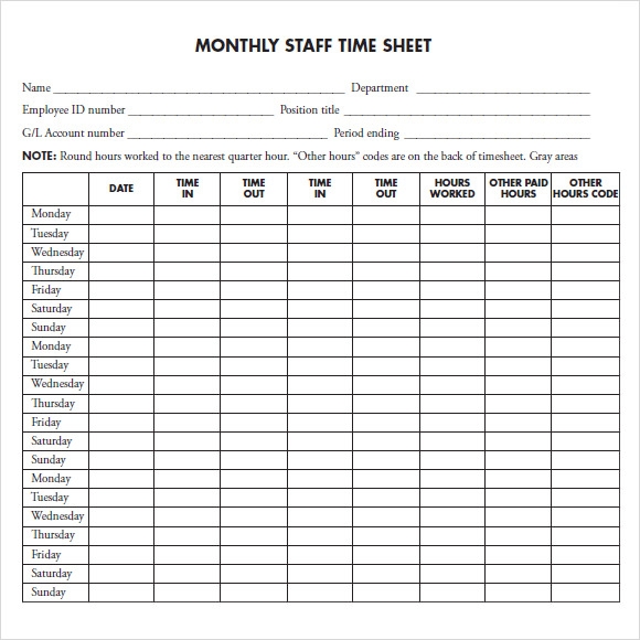 Monthly Timesheet Template 9 Free Samples Examples Format