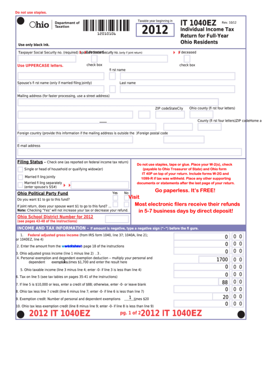 Ohio 1040ez Fillable Form Printable Forms Free Online