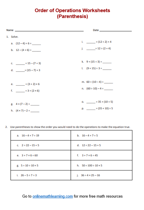 Order Of Operations Parenthesis Worksheets Printable Online 