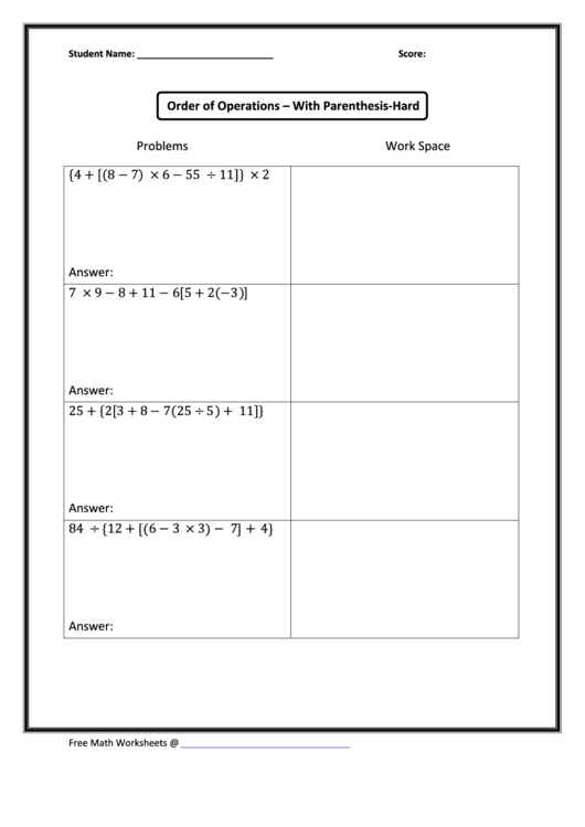 Order Of Operations Perenthasis Printable Worksheets