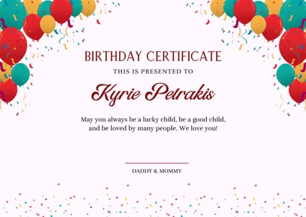 Printable Birthday Certificate For Dinners