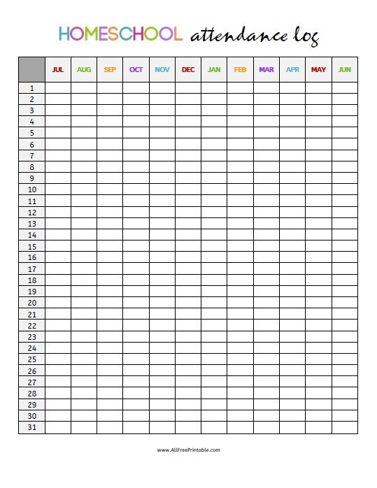 Print Homeschool Attendance Log Free Printable