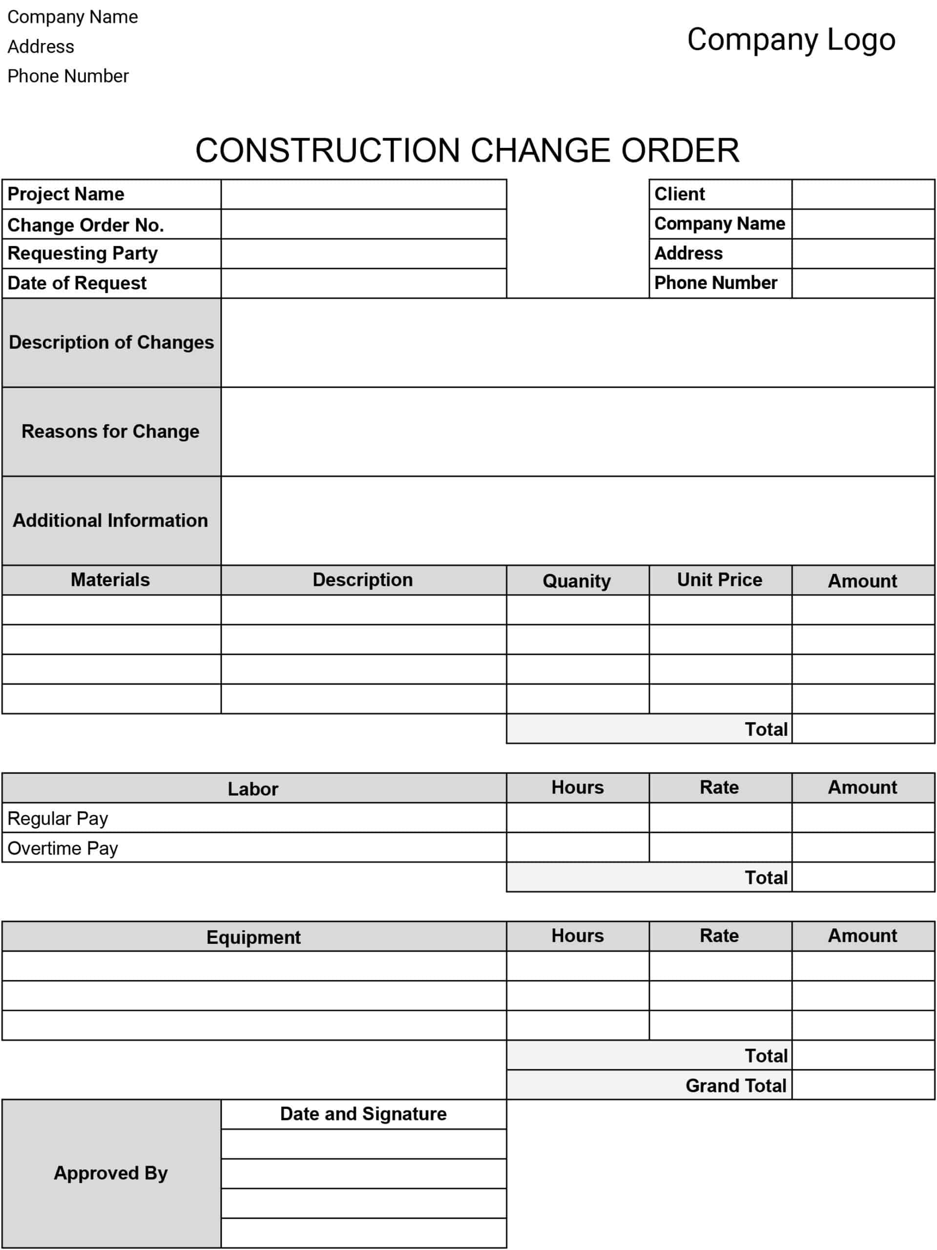 Printable Change Order Forms