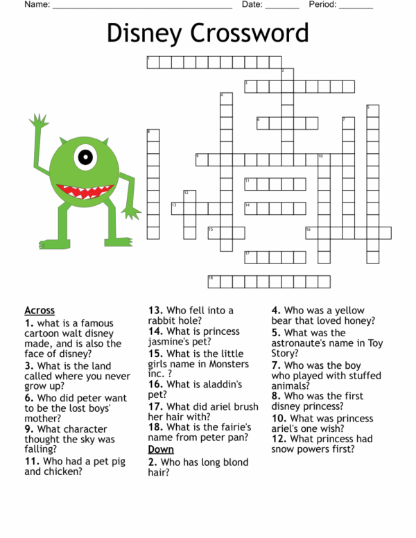 Disney Movies Crossword Puzzles Printable