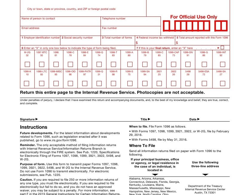Printable Irs Form 1096 Printable Forms Free Online