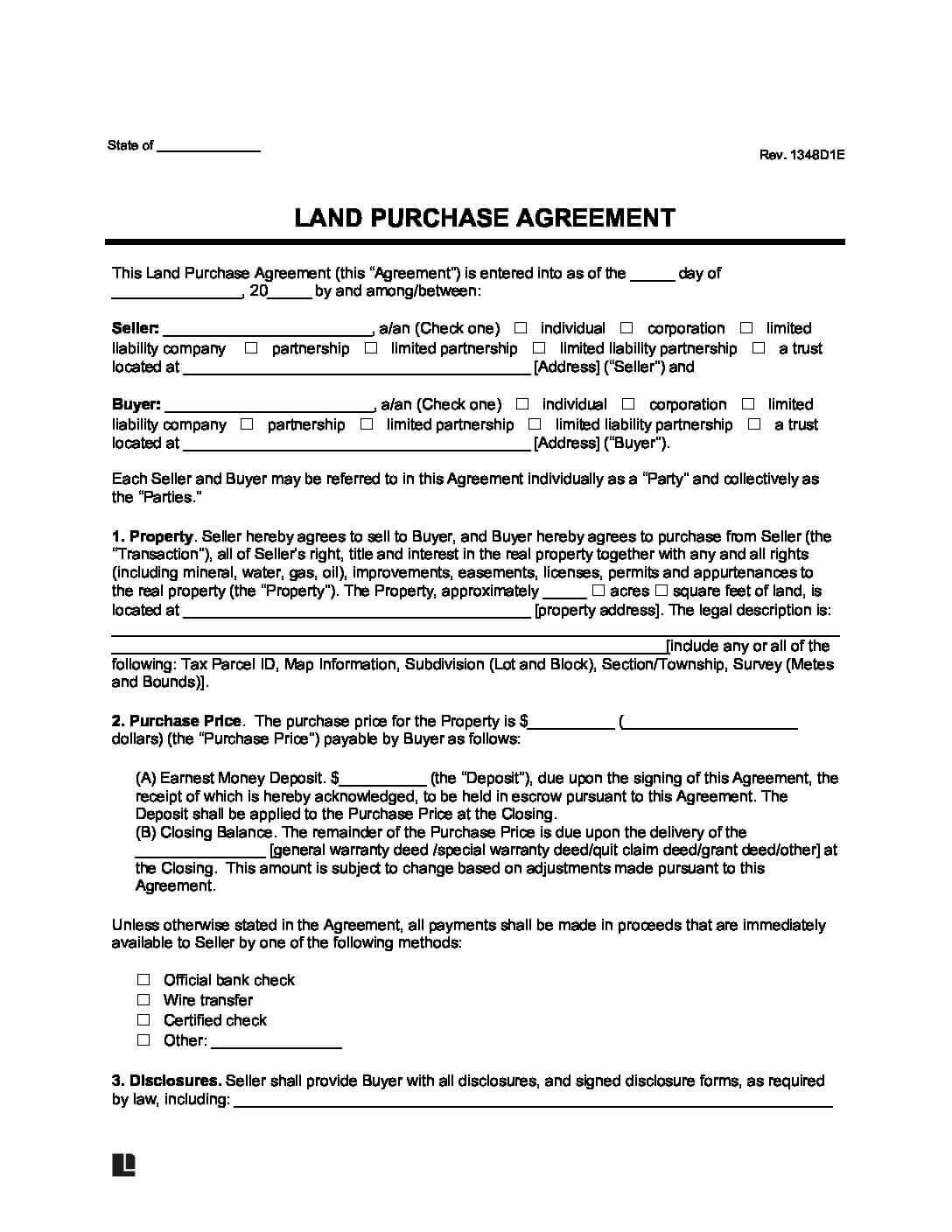 Printable Land Purchase Agreement Printable Free Templates