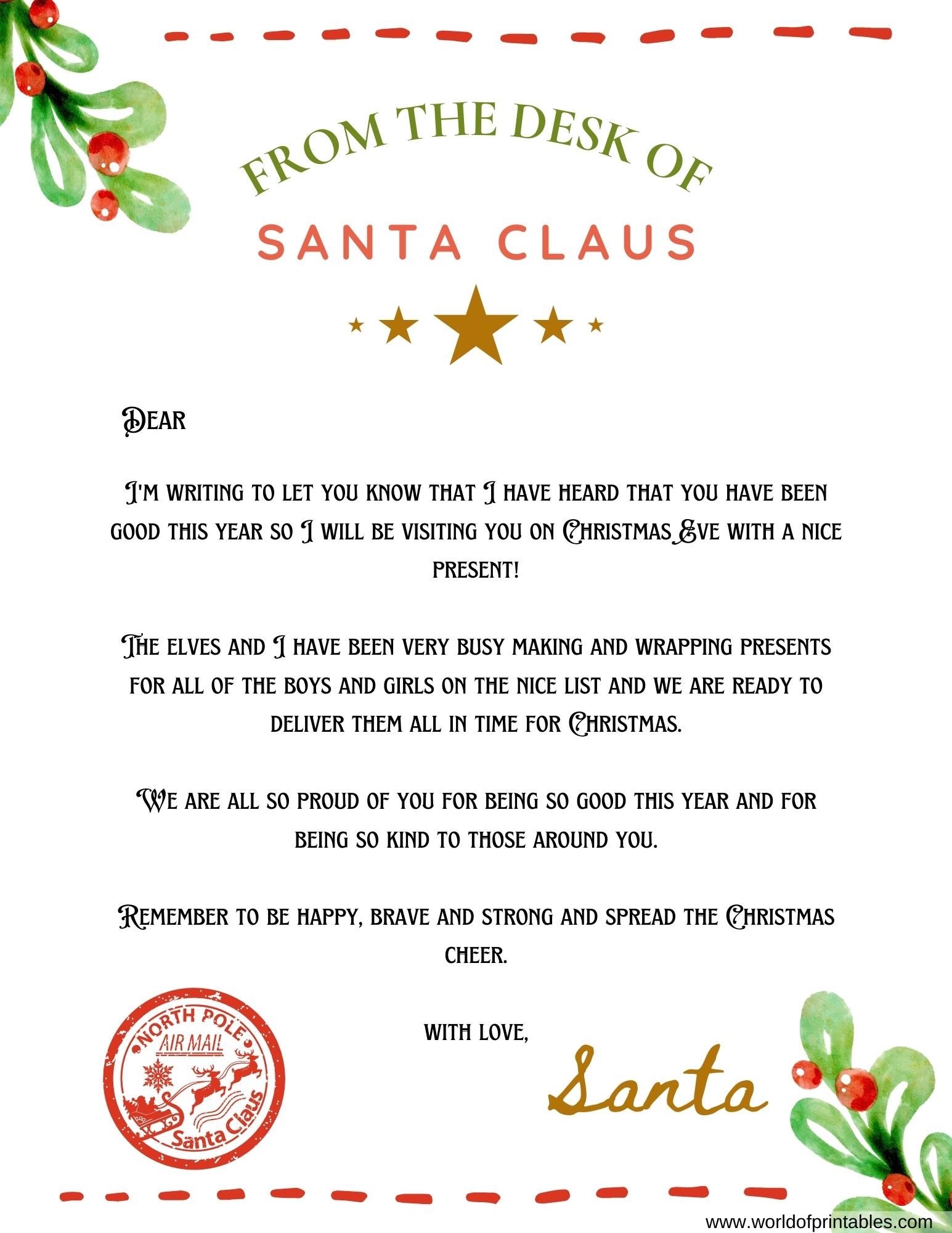 Printable Letters From Santa Free To Kids Printable Letters From Santa Free To Kids