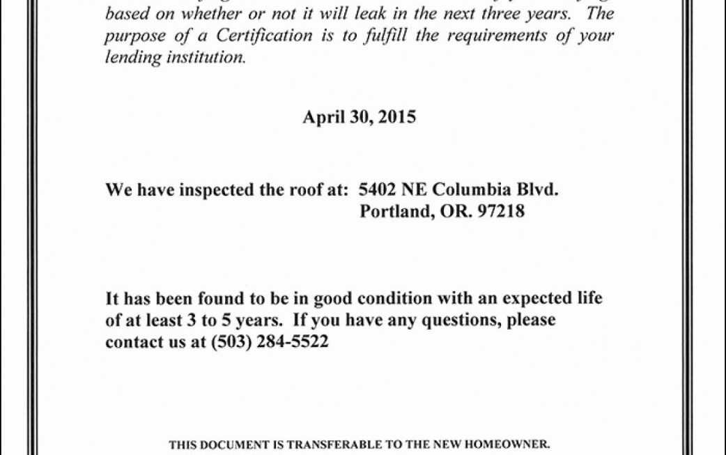 Printable Roofing Certificate Of Completion