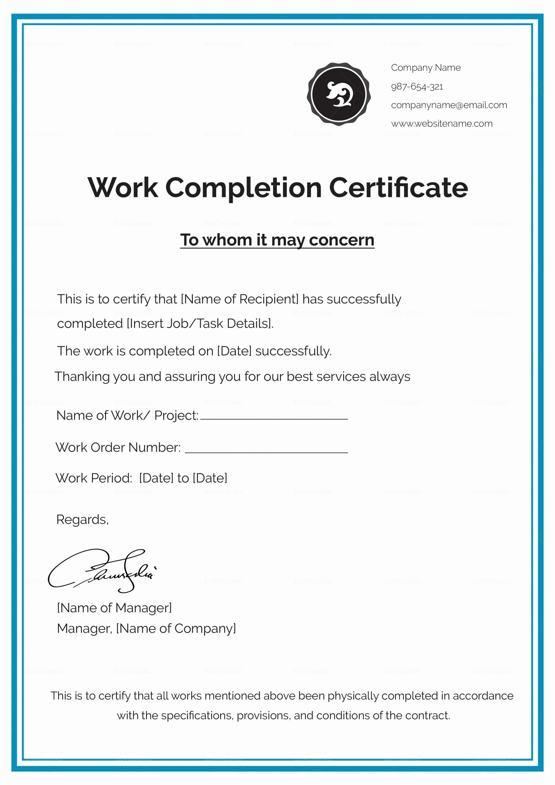 Printable Roofing Certificate Of Completion Template