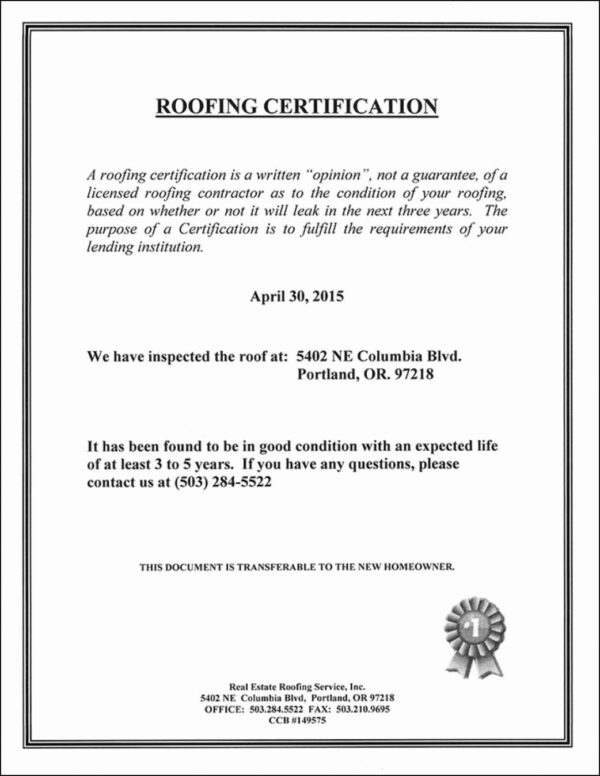 Printable Roofing Certificate Of Completion Template