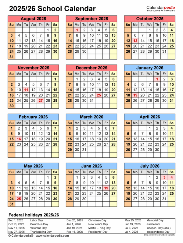 Free Printable School Calendar 2025-20