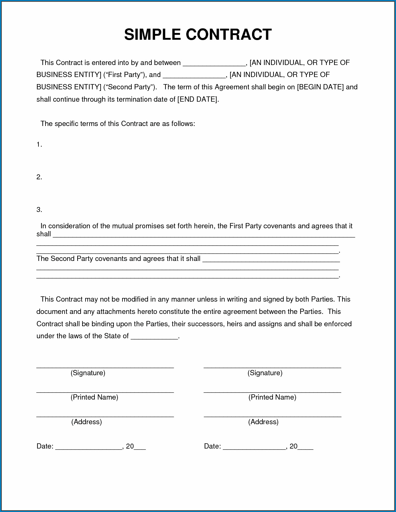Printable Simple Contract Agreement Printable Simple Contract Agreement