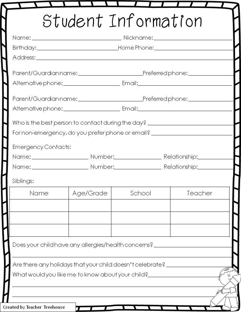 Free Printable Student Information Card Forms