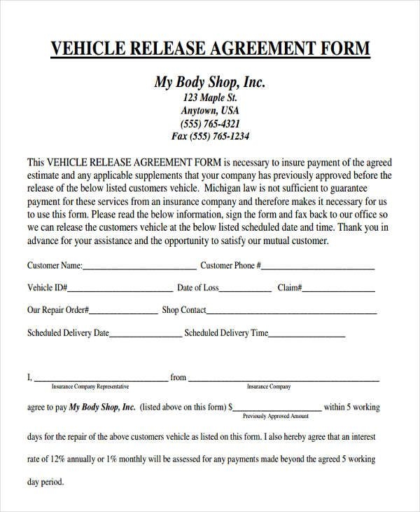 Printable Vehicle Release Form Template