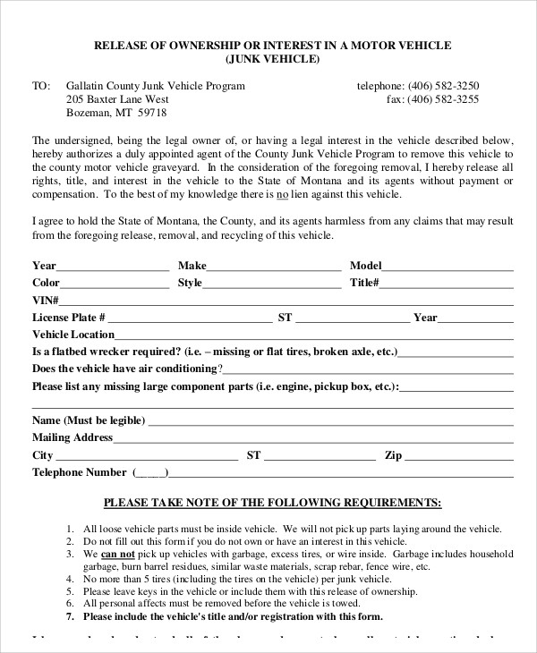 Printable Vehicle Release Form Template