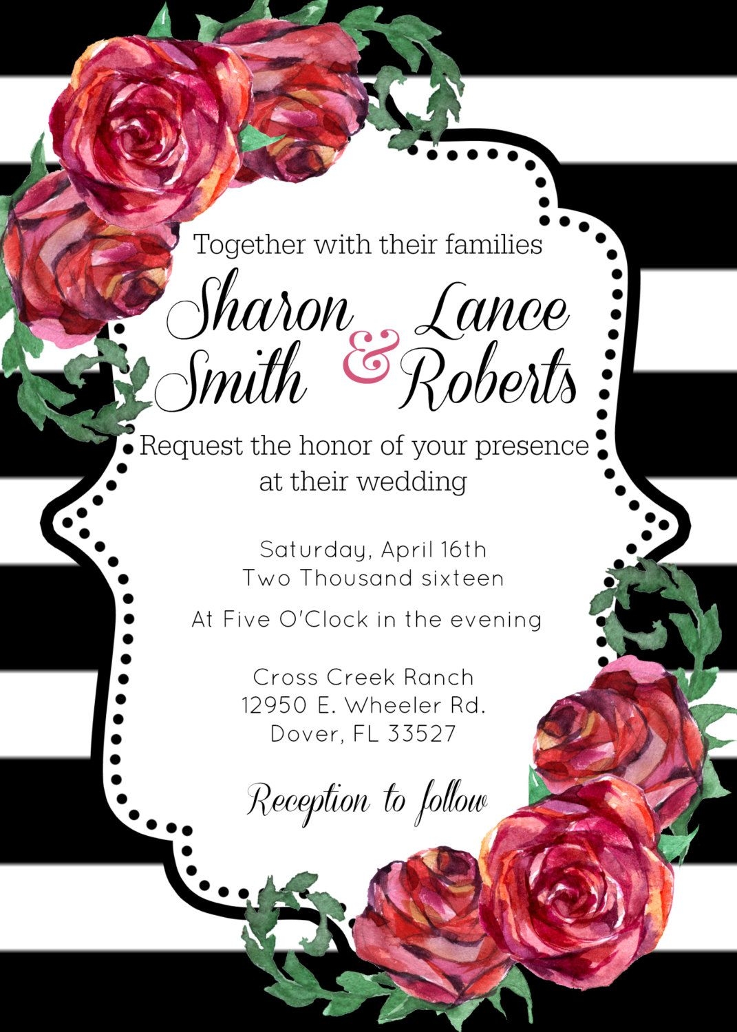 Red Rose Black White Stripe Wedding Invitation Printable Trendy 