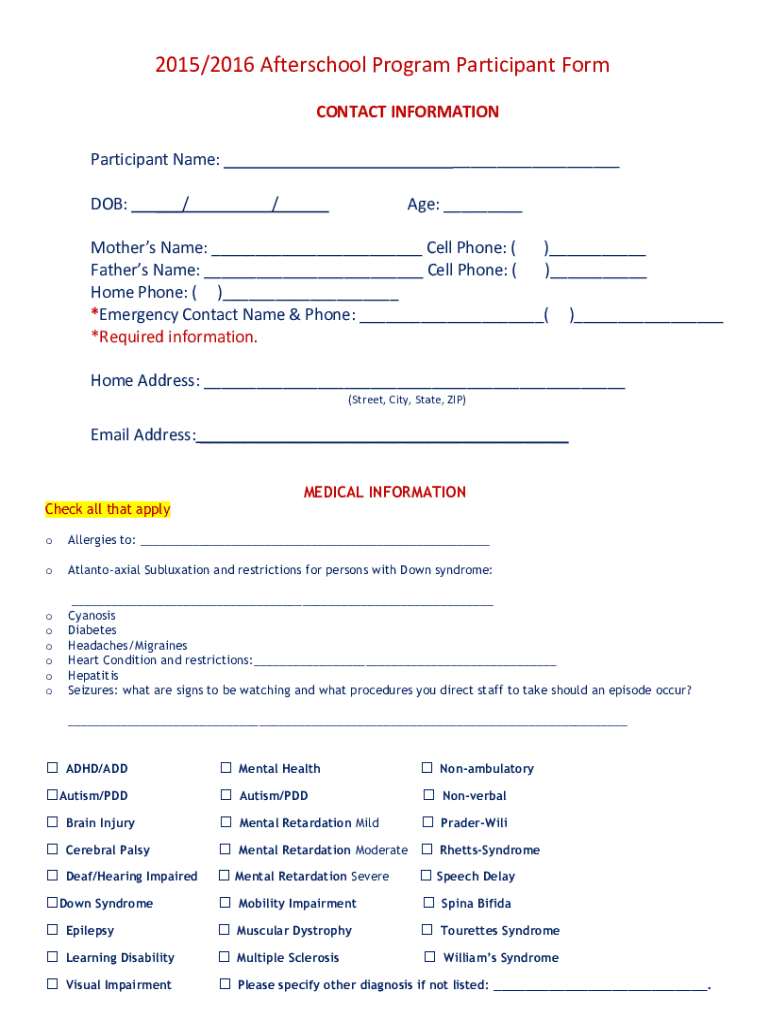 Free Afterschool Child Application Printable Form
