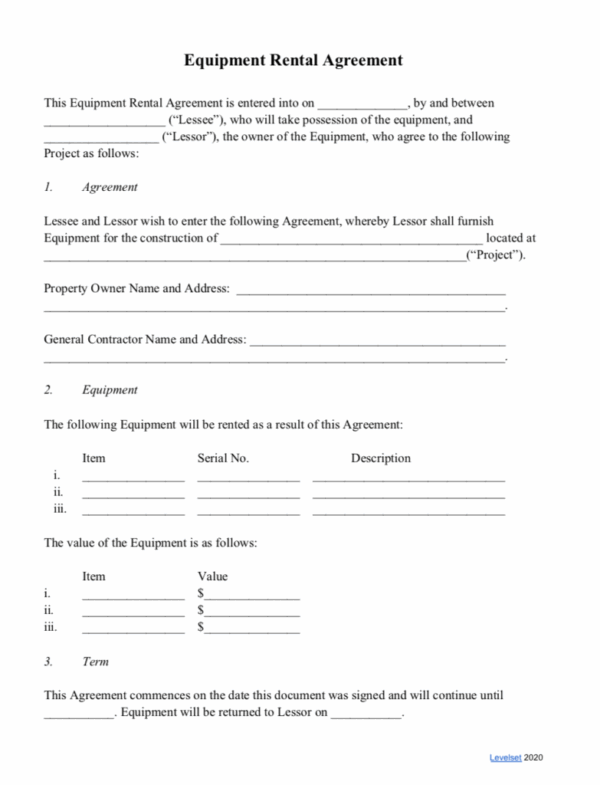 Printable Simple Equipment Rental Agreement Template Word