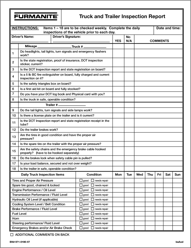 Truck And Trailer Inspection Form Free Printable Printable Forms Free 